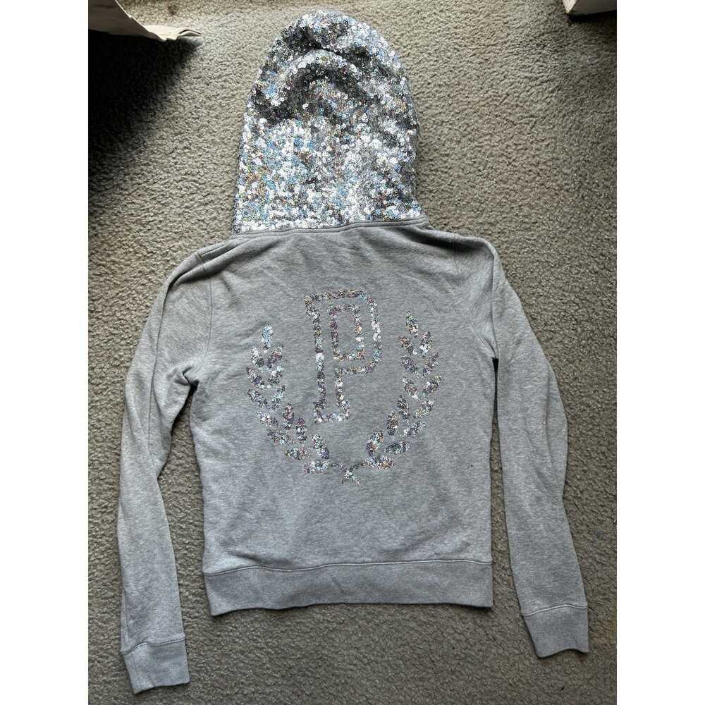 Vintage Victoria’s Secret PINK Gray Sequins Hoodie Sweater MEDIUM RARE Y2K